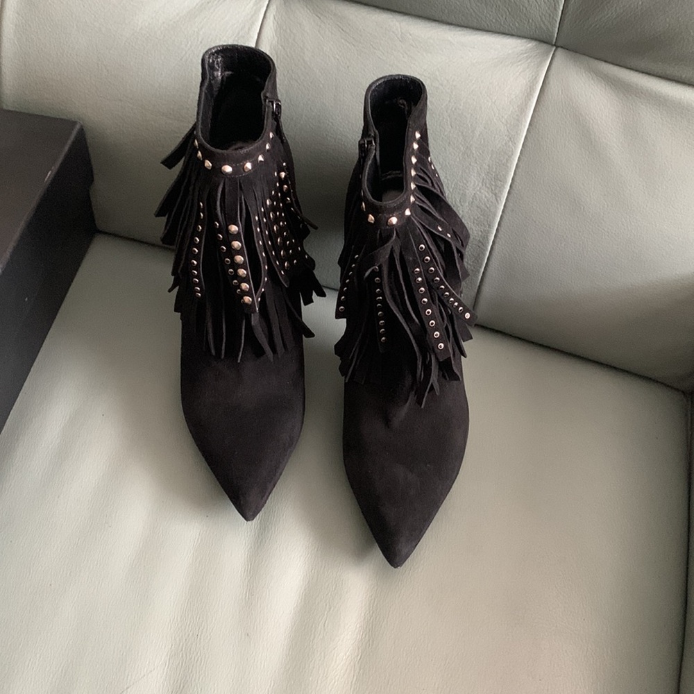 Saint Laurent Black Suede Studded-fringe Bootie - Picture 2 of 15